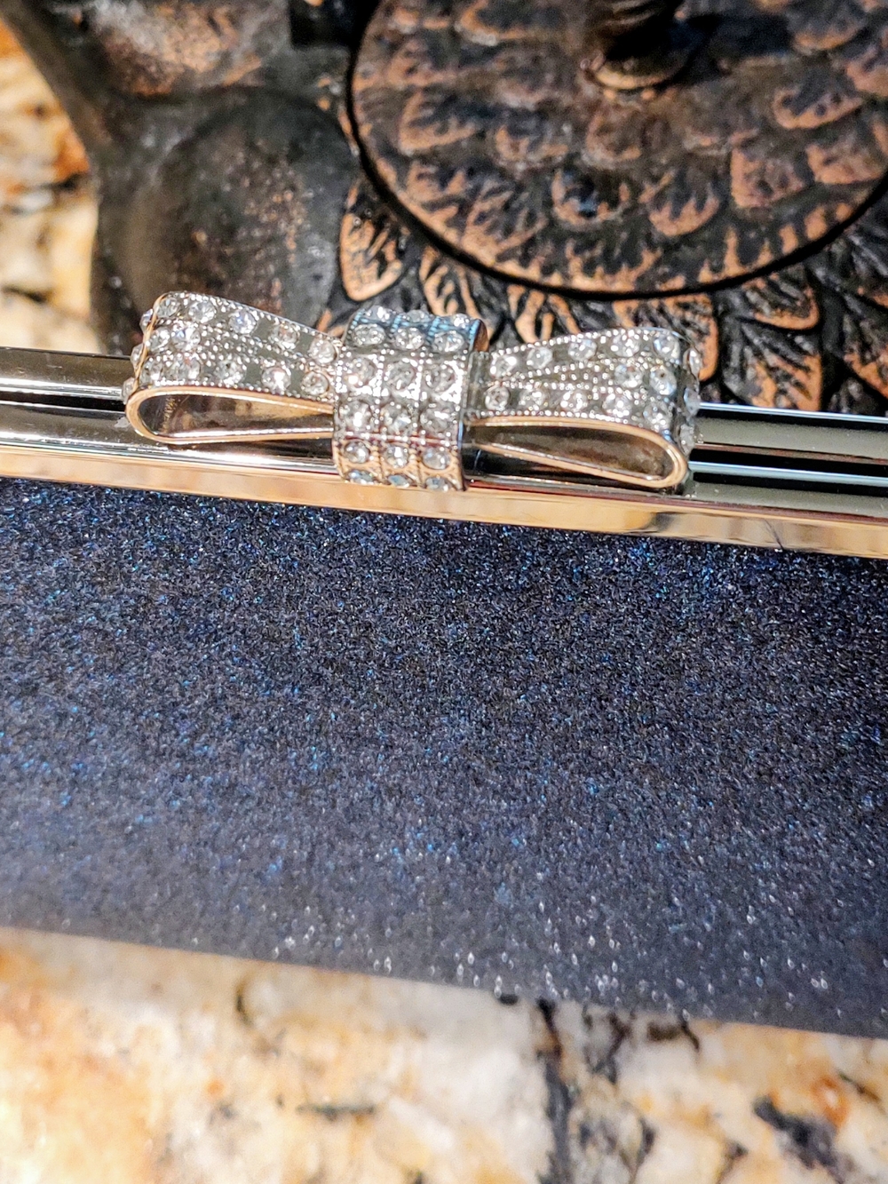 INC International Concepts Blue Glitter Clutch with Crystal Bow Accent